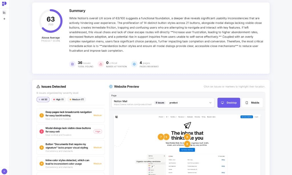 Pattern Lab audit report showing a 63/100 score for Notion with 36 issues detected across 4 pages, including issues panel and website preview with annotation pins